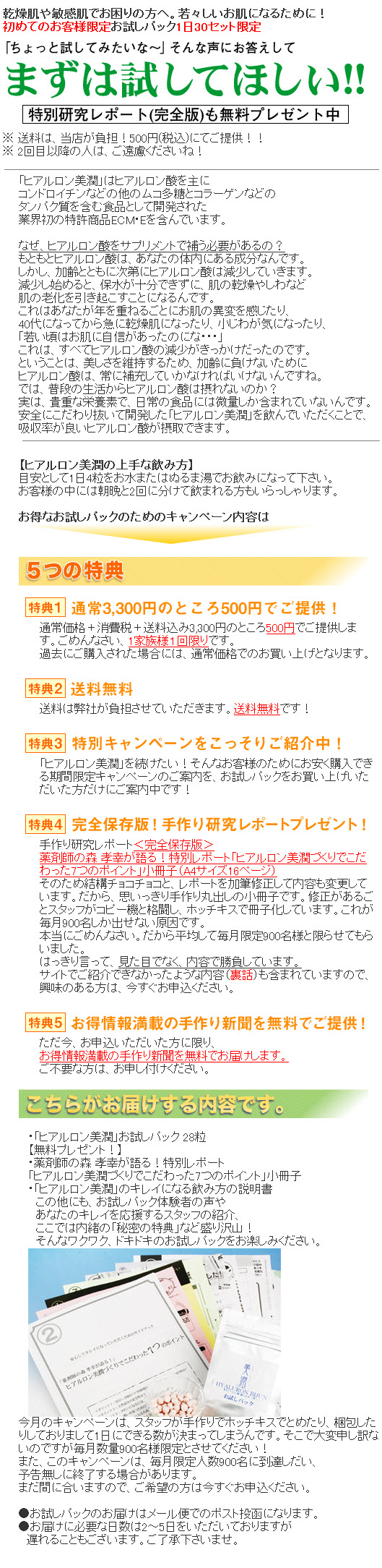 ★5大特典つき!ヒアルロン美潤限定お試しパック/ヒアルロン酸★送料無料★